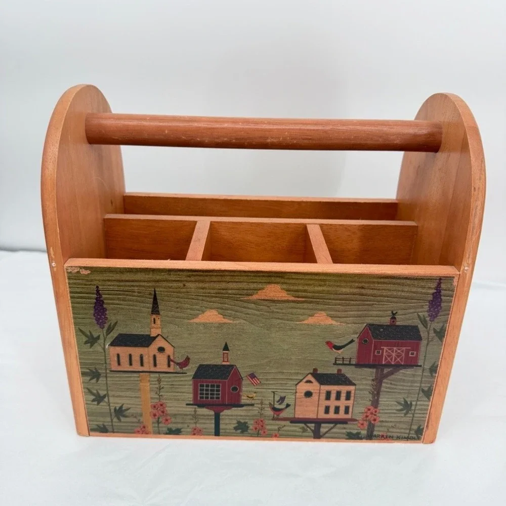Kamenstein Inc VTG Wood Picnic Utensil Caddy Birdhouse Folk Art Country Decor
